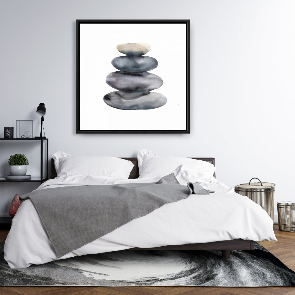 Toile encadrée grise - Nature morte avec quatre pierres chaudes et minéraux