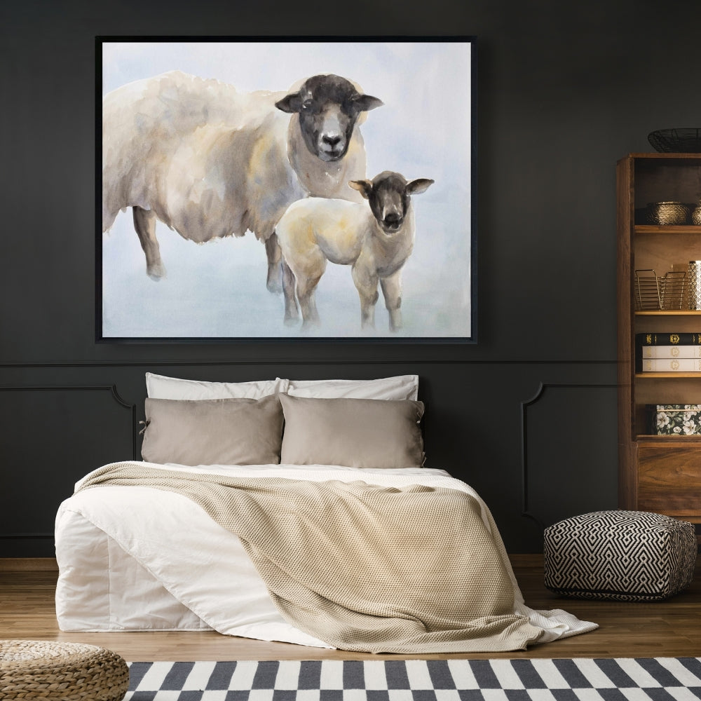 Toile Mouton et bébé | Art animalier de la ferme bleue | Décoration d'intérieur