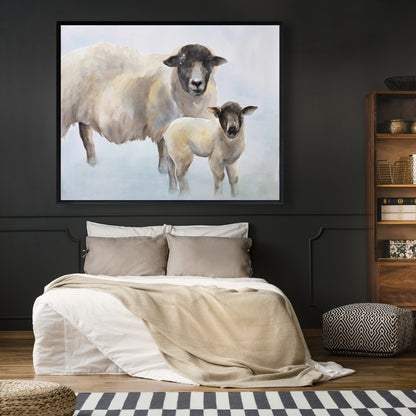 Toile Mouton et bébé | Art animalier de la ferme bleue | Décoration d'intérieur