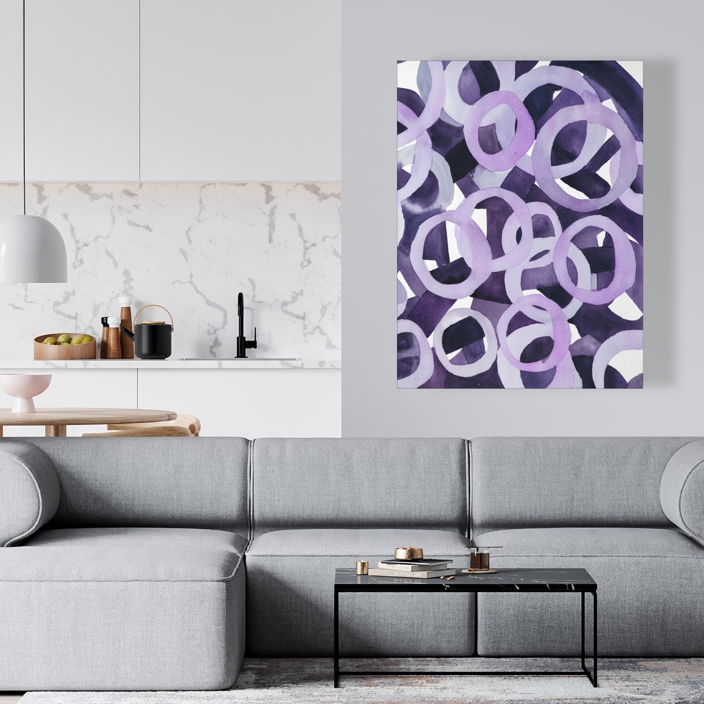 Toile abstraite avec anneaux violets – Décoration de chambre illustrative