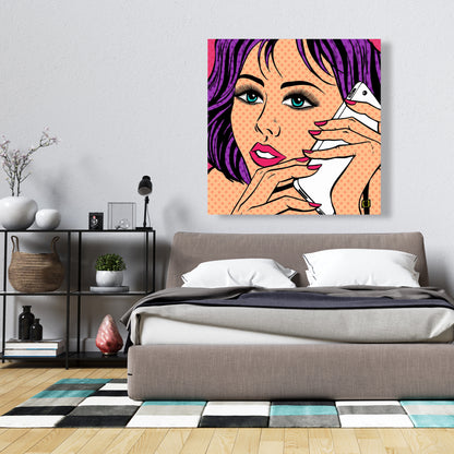 Retro Purple Bedroom Canvas | Pop Art Lady on Phone Decor