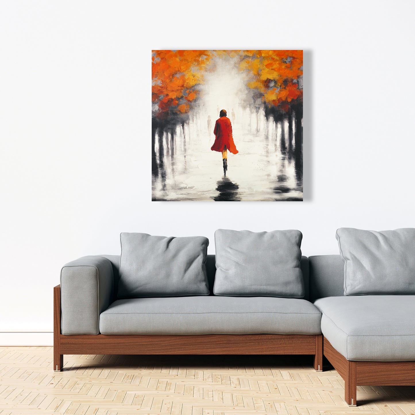 Contemporary Gray Trees Canvas - Woman in Red Coat Home Decor
