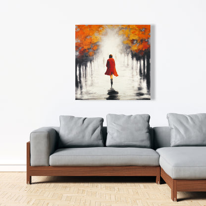 Contemporary Gray Trees Canvas - Woman in Red Coat Home Decor