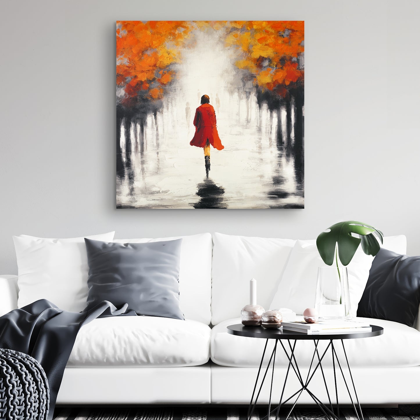 Contemporary Gray Trees Canvas - Woman in Red Coat Home Decor