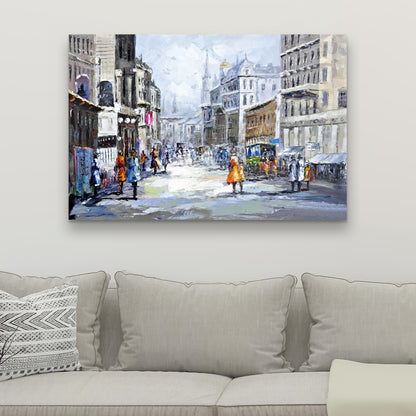 Busy Street Blue Building Canvas | Cloudy Day Home Decor