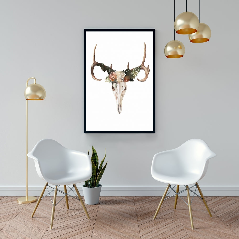 Toile « Crâne de cerf avec roses » | Décoration murale rustique pour chambre