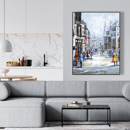 Rue animée par temps nuageux | Décoration murale sur toile bleue pour chambre à coucher