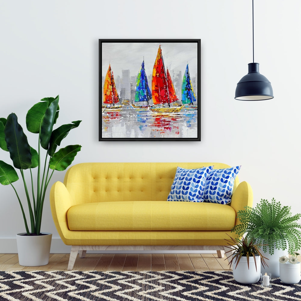 Toile Bateaux colorés | Décoration contemporaine avec cadre bleu