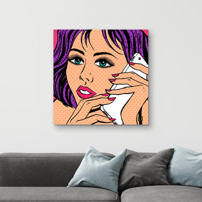 Retro Purple Bedroom Canvas | Pop Art Lady on Phone Decor