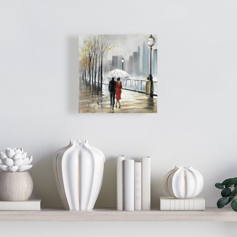 Couple marchant sous la pluie sur toile grise - Décoration de chambre à coucher avec arbres