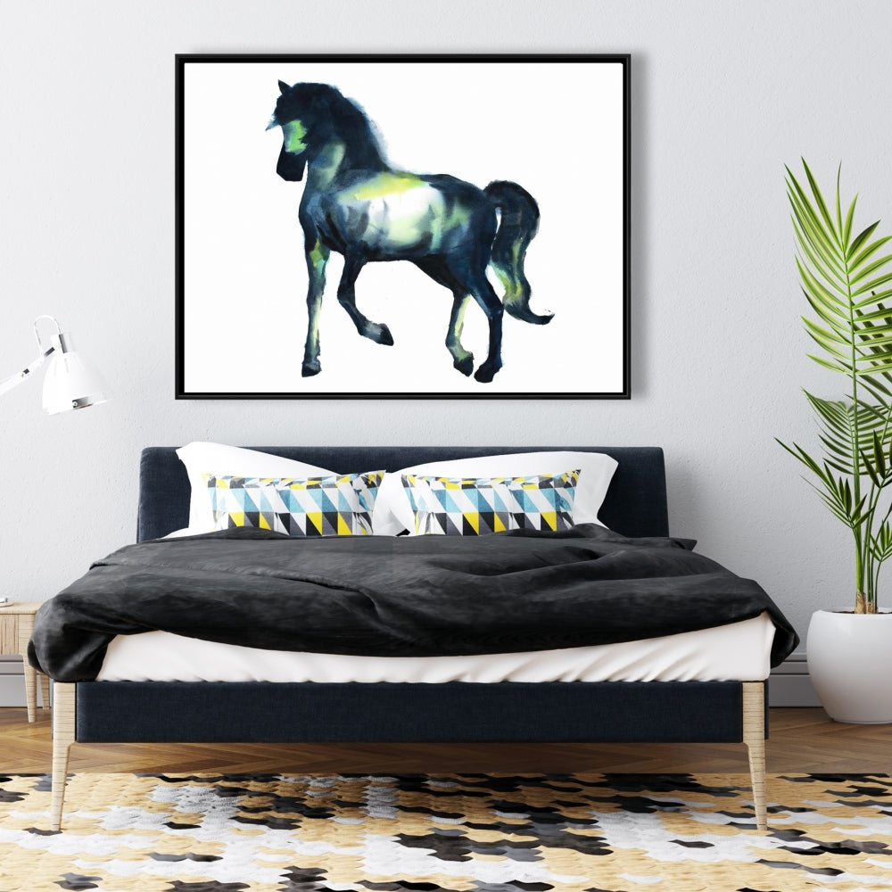 Toile encadrée élégante représentant un cheval bleu - Décoration d'intérieur avec animaux de la ferme