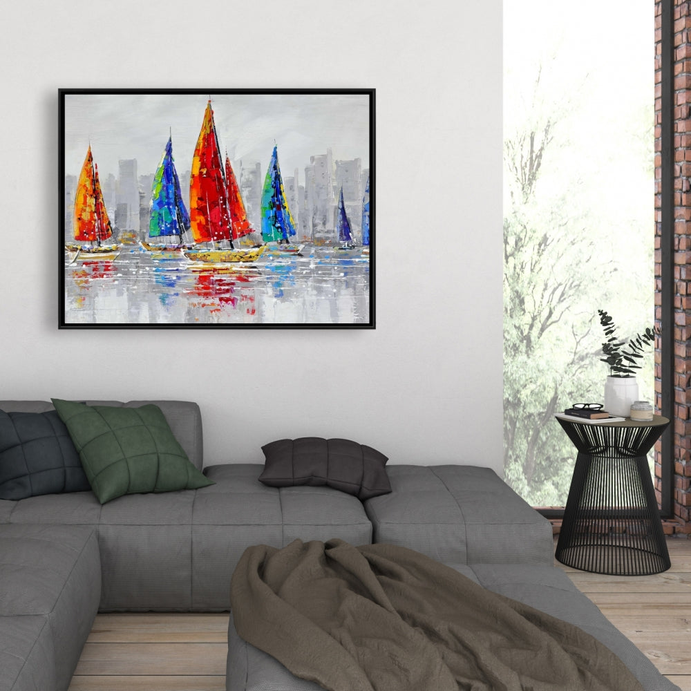 Toile Bateaux colorés | Décoration contemporaine avec cadre bleu