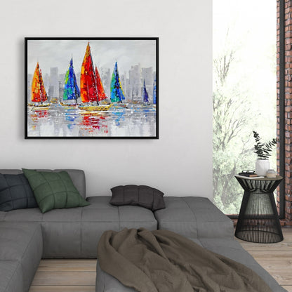 Toile Bateaux colorés | Décoration contemporaine avec cadre bleu