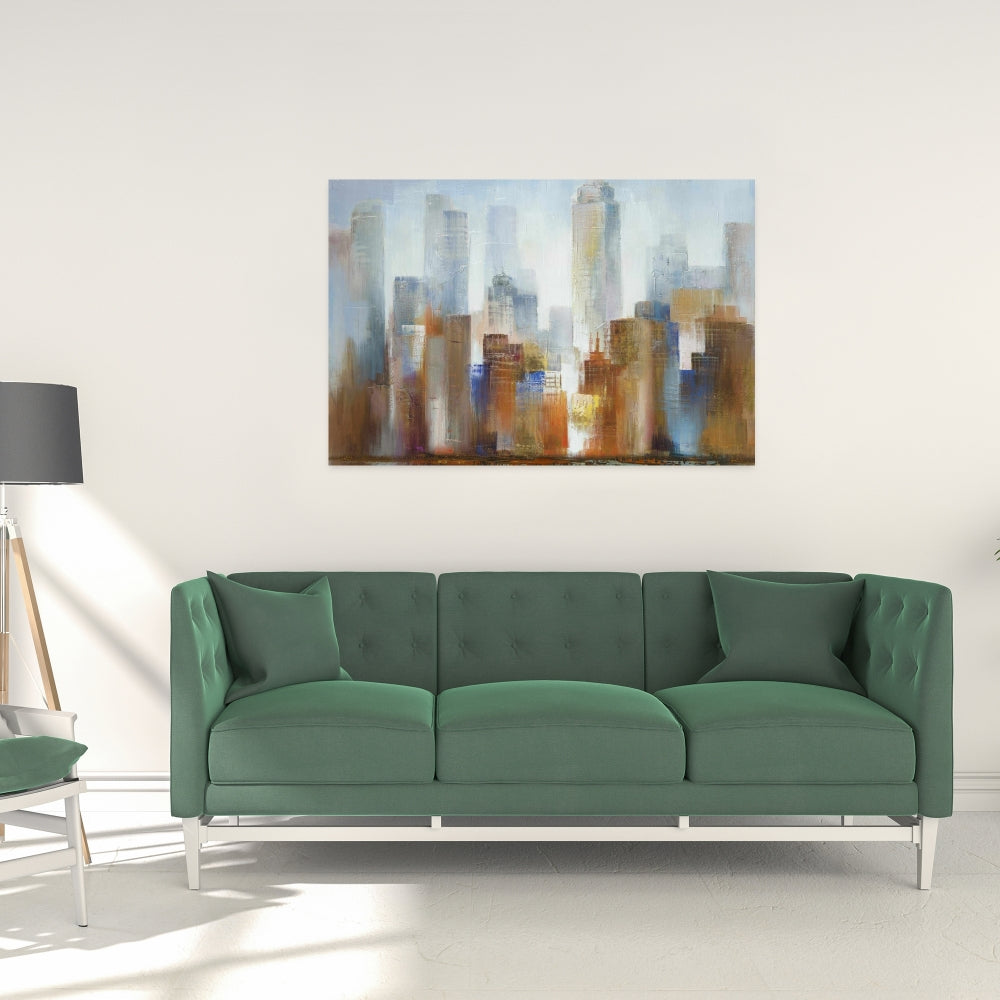 Paysage urbain dans le brouillard sur toile bleue | Décoration d'intérieur moderne