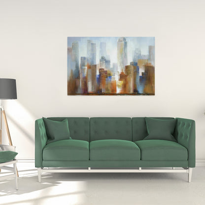 Paysage urbain dans le brouillard sur toile bleue | Décoration d'intérieur moderne