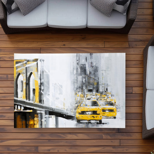 Yellow Brooklyn Bridge Taxis Outdoor Area Rug | Home Decor