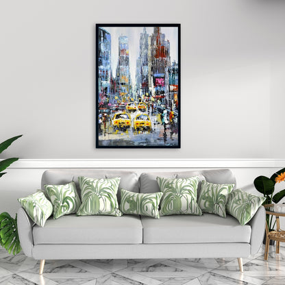 Scène urbaine avec taxis jaunes - Toile décorative encadrée bleue
