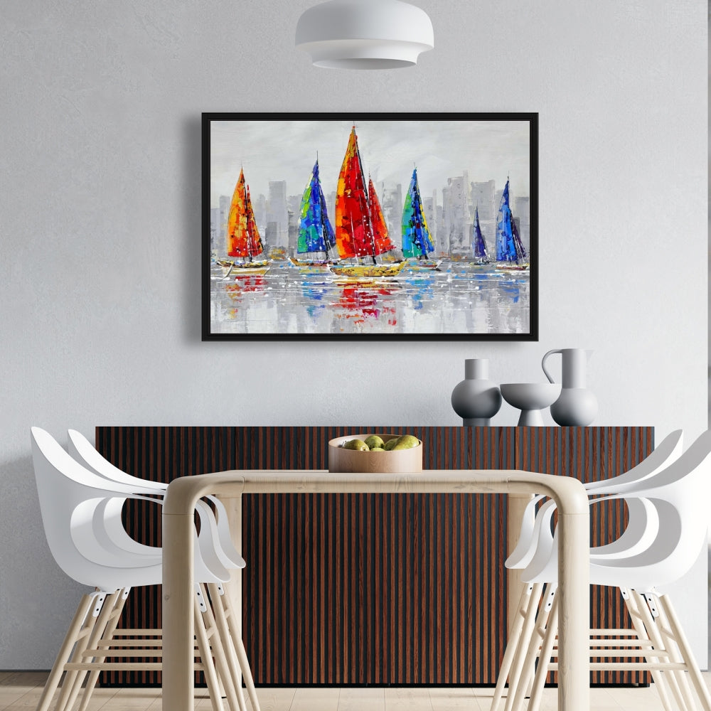 Toile Bateaux colorés | Décoration contemporaine avec cadre bleu