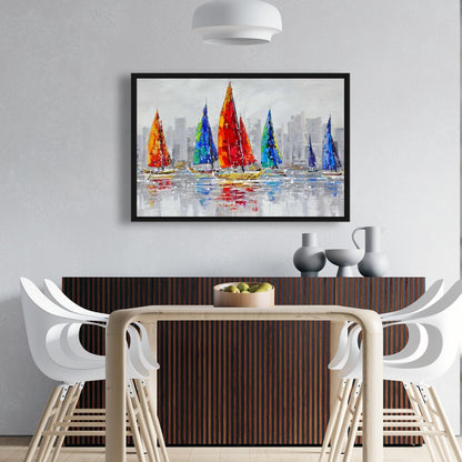 Toile Bateaux colorés | Décoration contemporaine avec cadre bleu