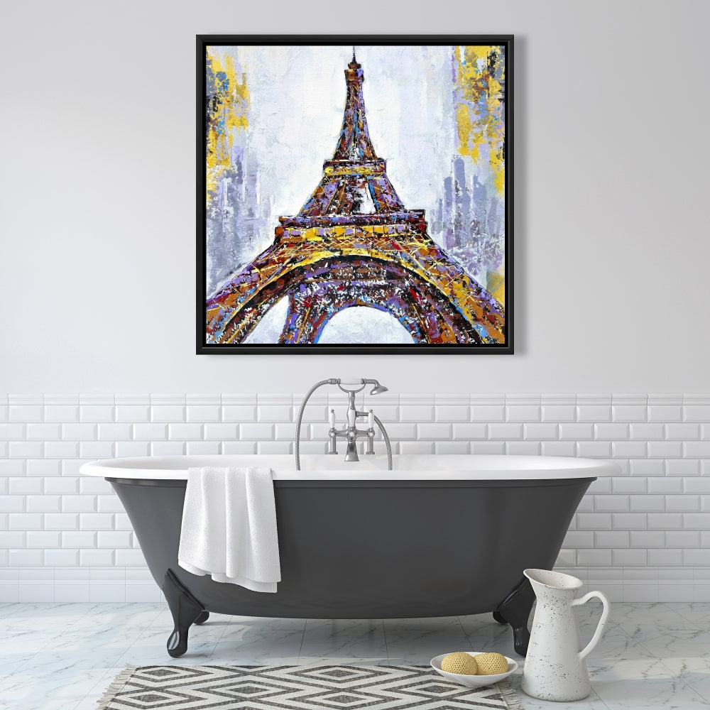 Toile de chambre à coucher avec bâtiment jaune | Peinture abstraite sur la Tour Eiffel