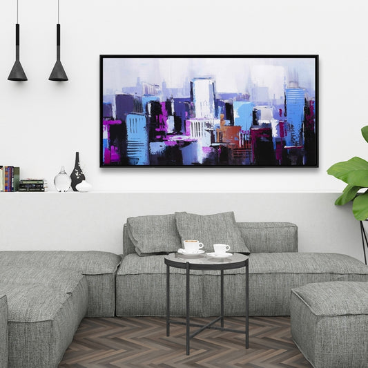 Toile abstraite bleue et violette représentant une ville - Décoration d'intérieur contemporaine