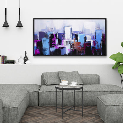 Toile abstraite bleue et violette représentant une ville - Décoration d'intérieur contemporaine