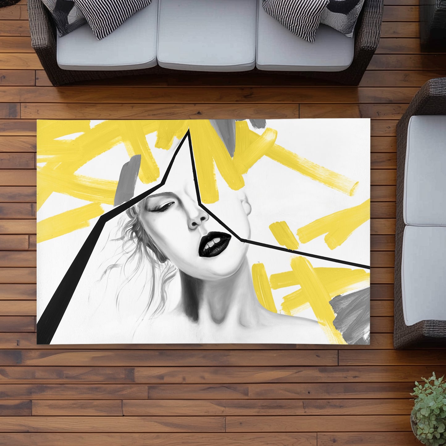 Woman with Yellow Line - Modern Yellow Outdoor Area Rug