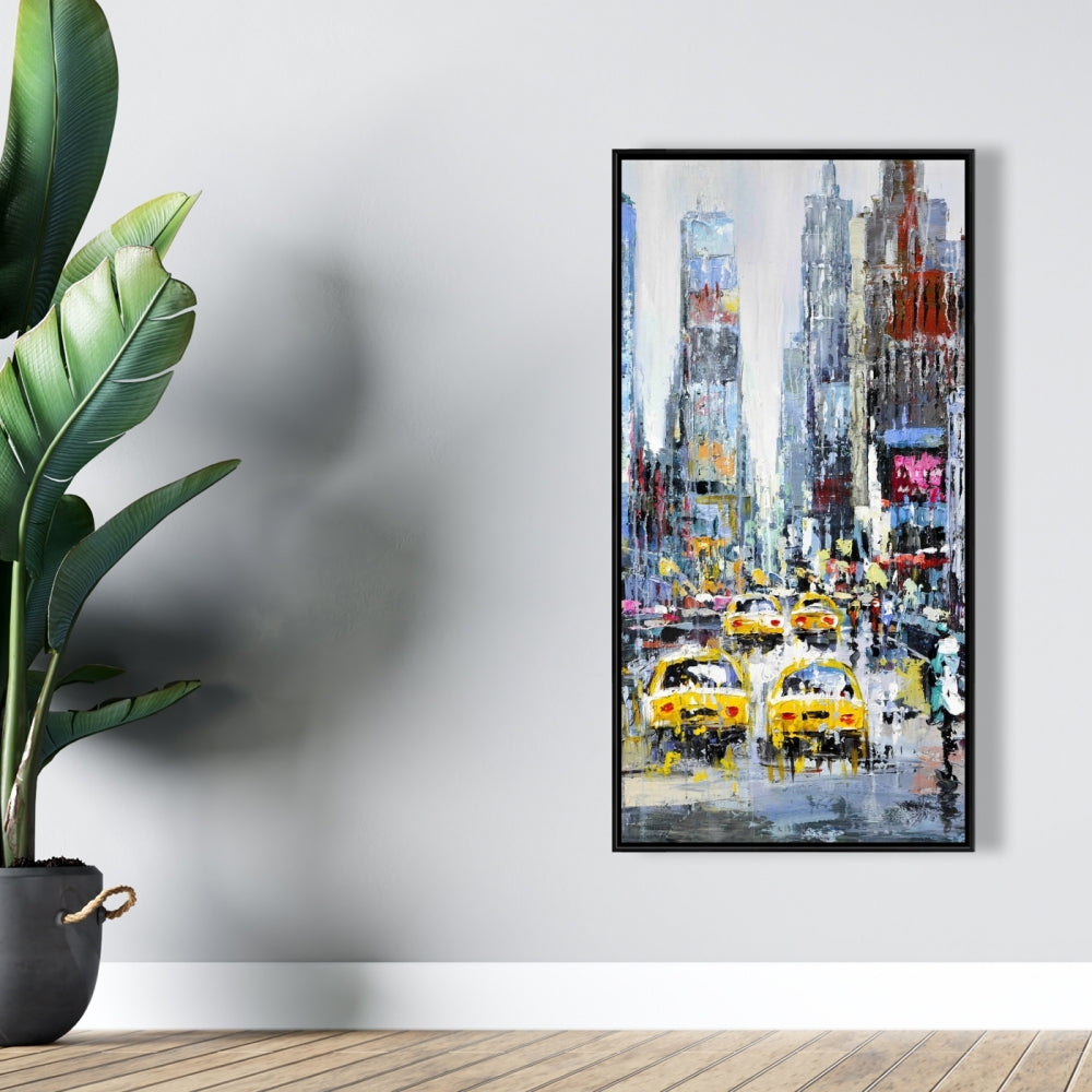 Scène urbaine avec taxis jaunes - Toile décorative encadrée bleue