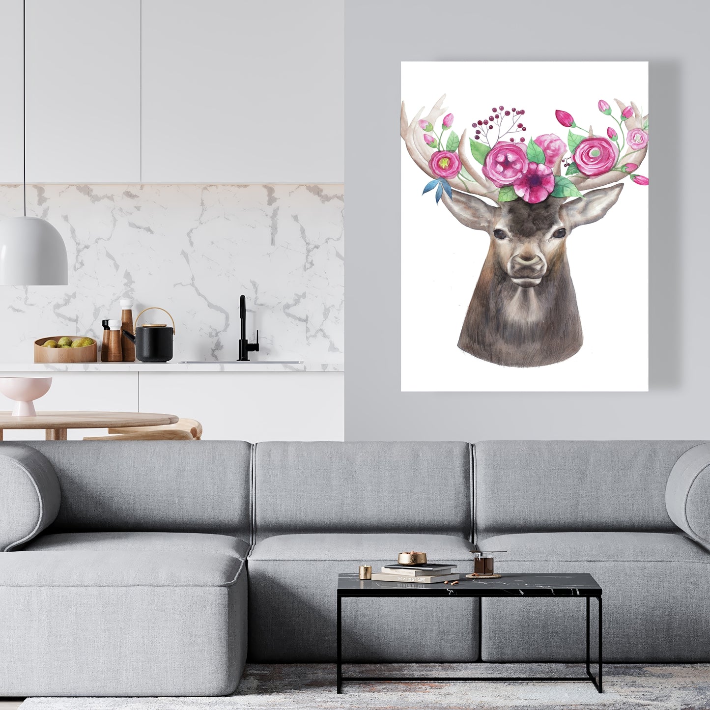 Toile romantique « Cerf brun » – Décor tête de cerf avec fleurs