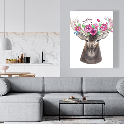 Toile romantique « Cerf brun » – Décor tête de cerf avec fleurs