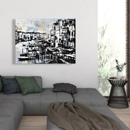 Abstract Venise Port Canvas - Blue Boat Bedroom Wall Art