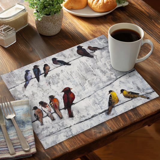 Colorful birds on branches - 14"x18" Polyester Placemat