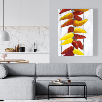 Toile alimentaire jaune – Corde de poivrons sur fond bois