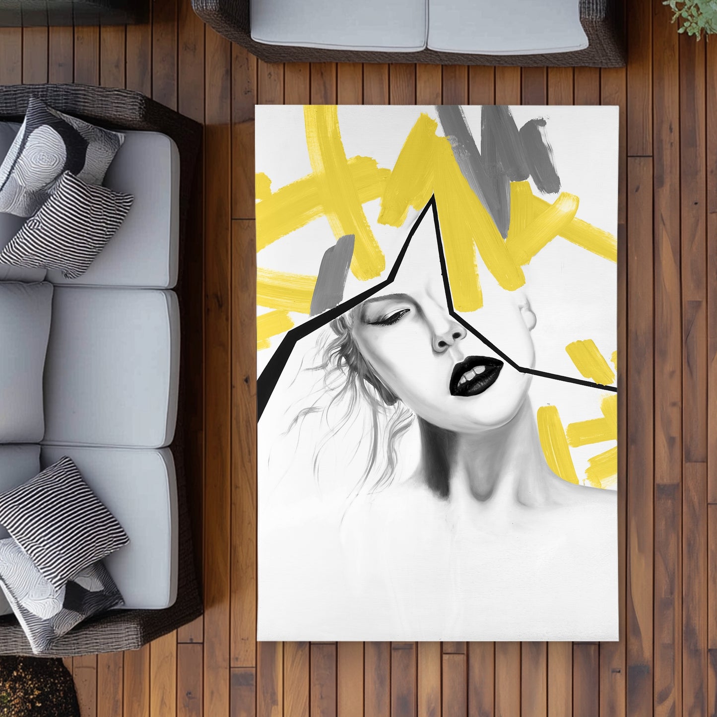 Woman with Yellow Line - Modern Yellow Outdoor Area Rug