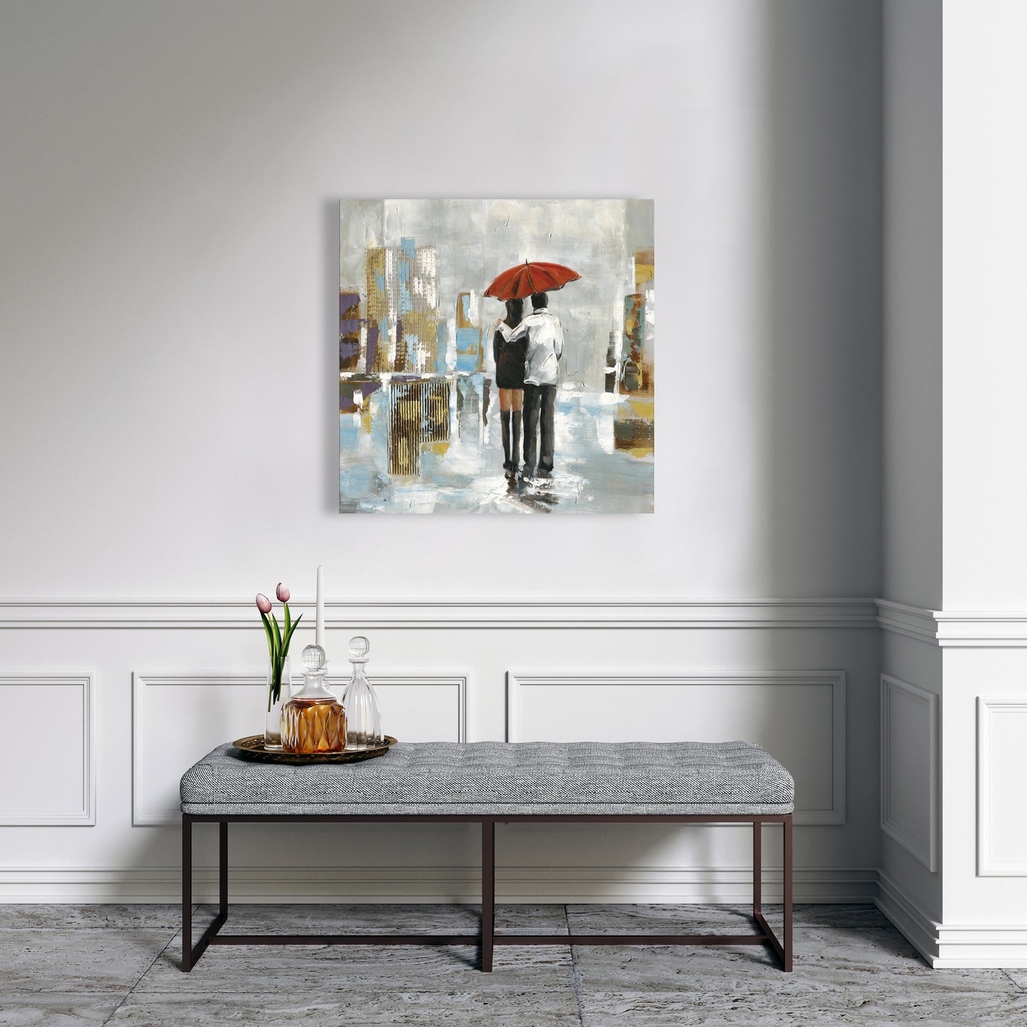 Couple Walking Under Umbrella | Abstract Canvas Home Decor
