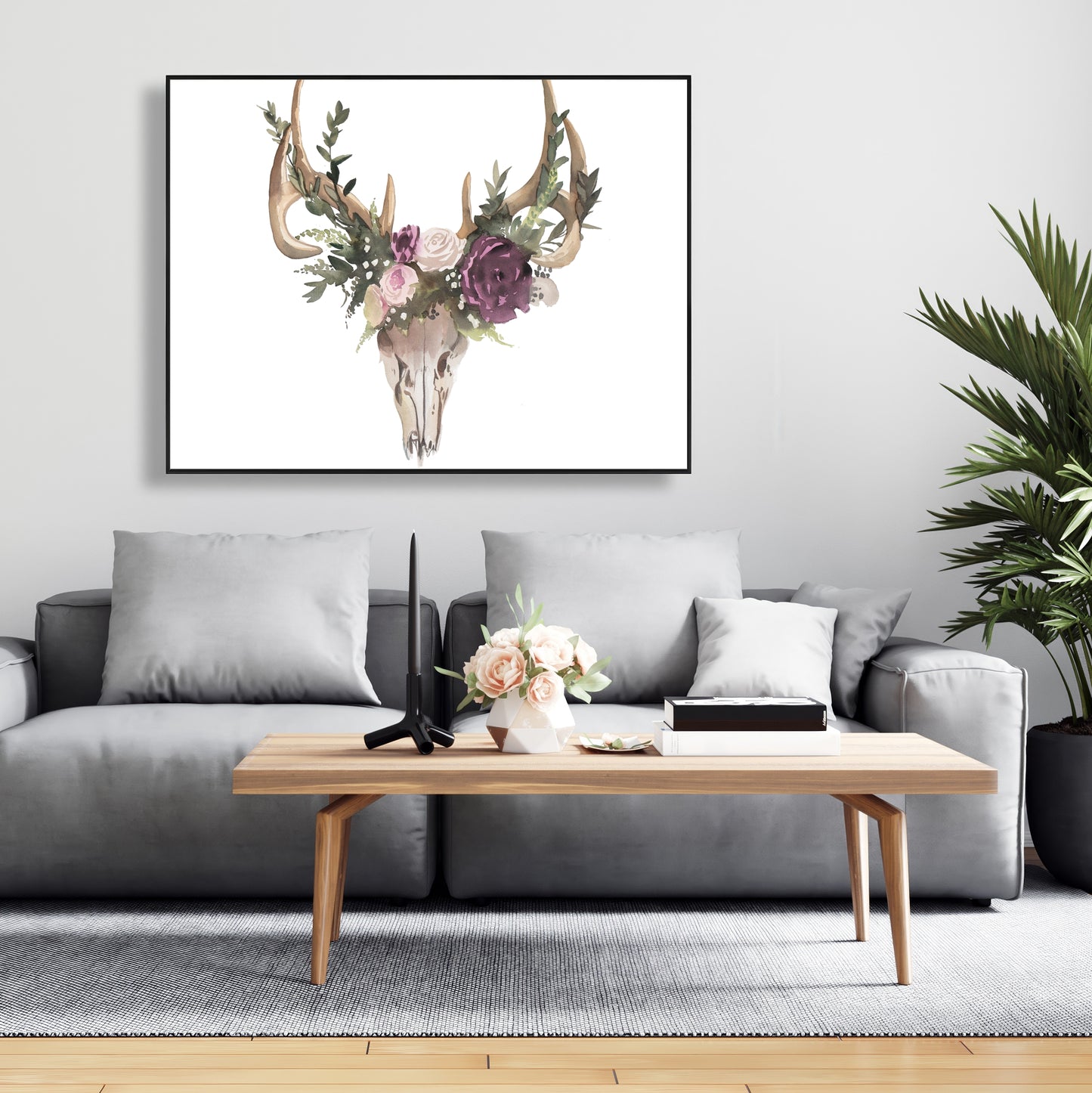 Rustic Deer Skull with Flowers Canvas | Bedroom Wall Decor