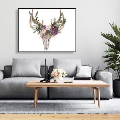Rustic Deer Skull with Flowers Canvas | Bedroom Wall Decor