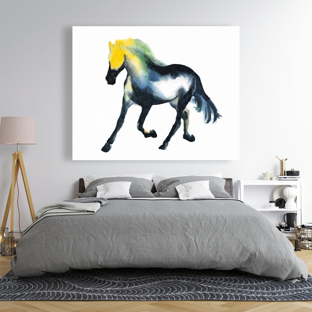 Cheval au galop, animaux de la ferme, toile bleue | Décoration d'intérieur