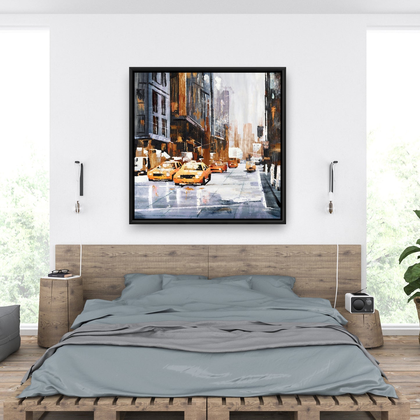 Toile « Construire des villes brunes » | Rue d'une grande ville avec taxi jaune