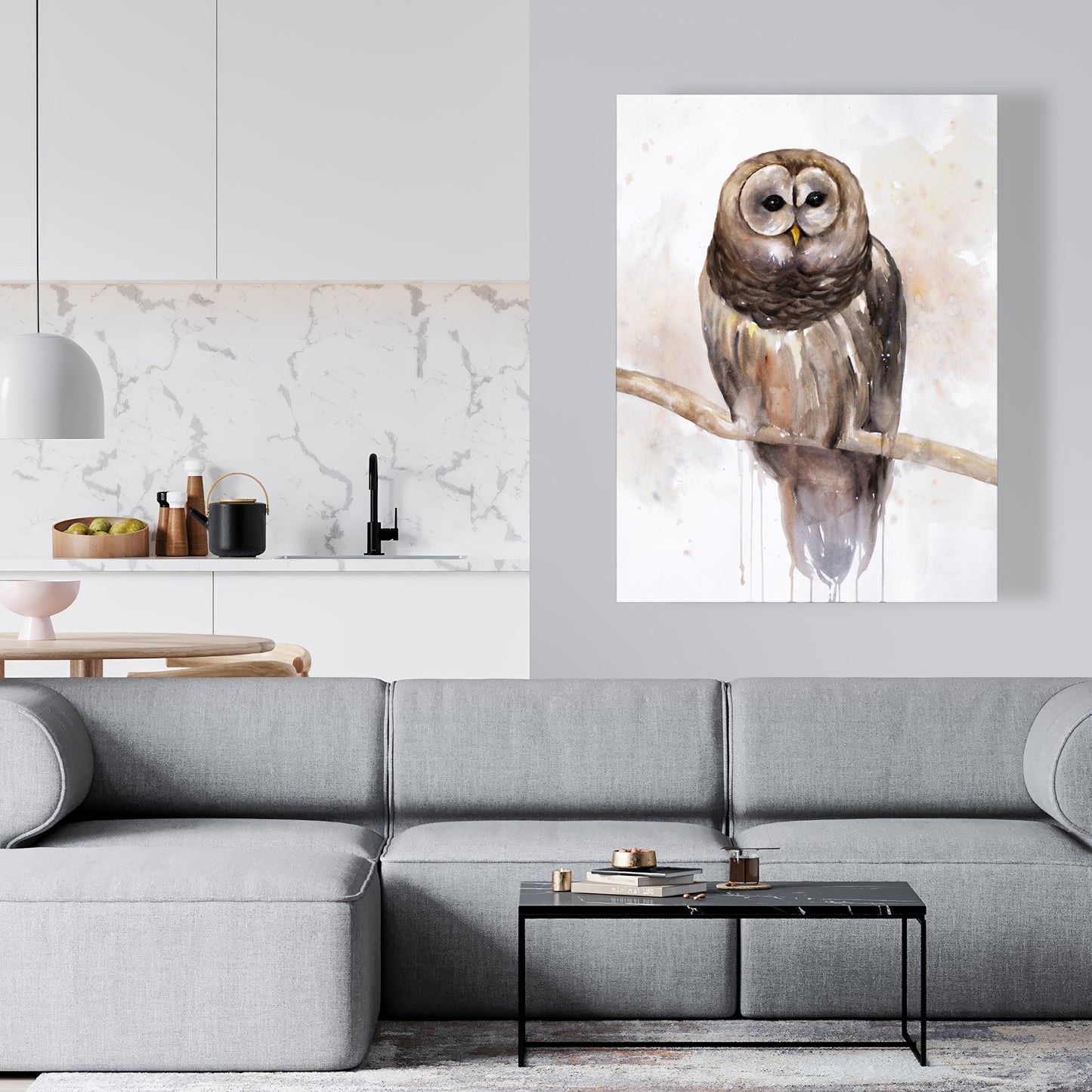 Toile rustique représentant une chouette rayée - Décoration murale animalière pour chambre à coucher