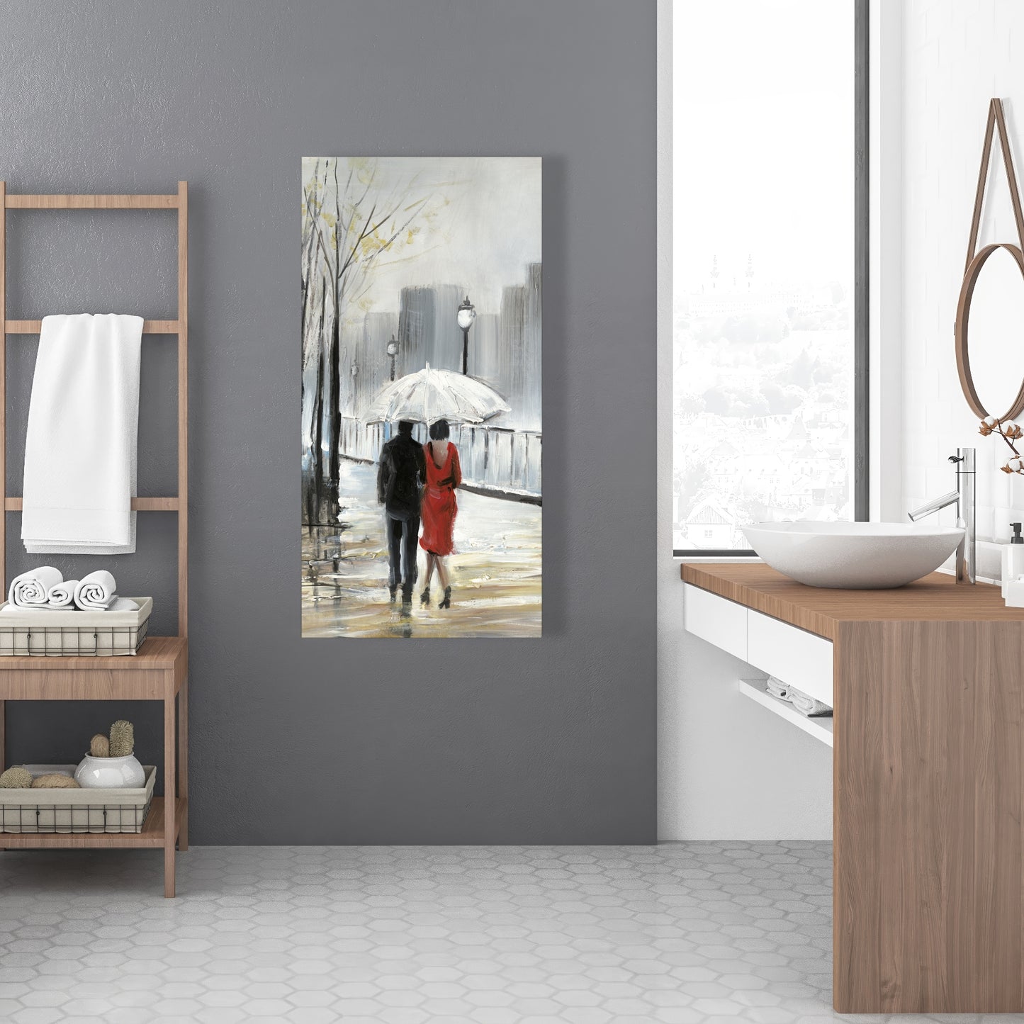 Couple marchant sous la pluie sur toile grise - Décoration de chambre à coucher avec arbres