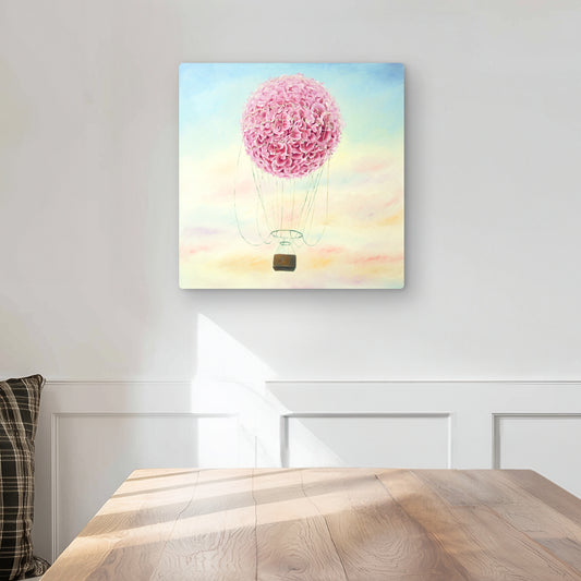Hot Air Balloon Hydrangea Flowers - Pink Metal Print Decor