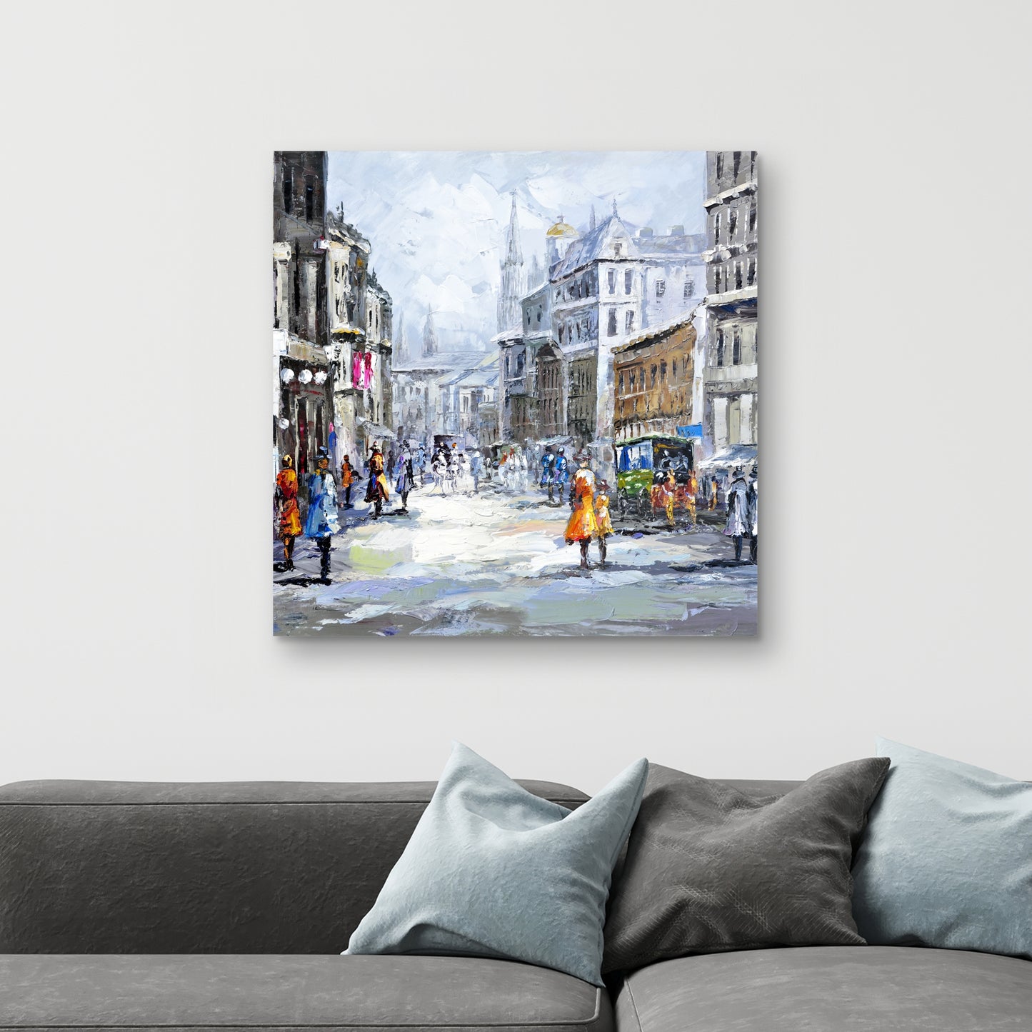 Busy Street Blue Building Canvas | Cloudy Day Home Decor