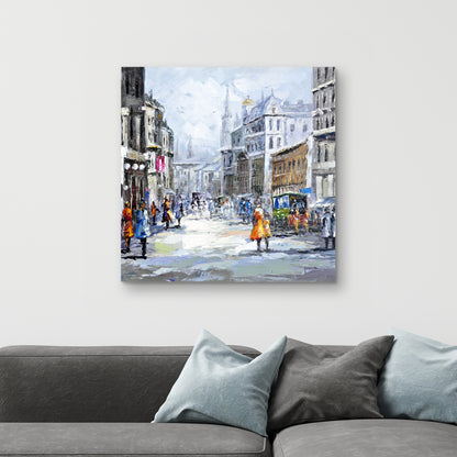 Busy Street Blue Building Canvas | Cloudy Day Home Decor