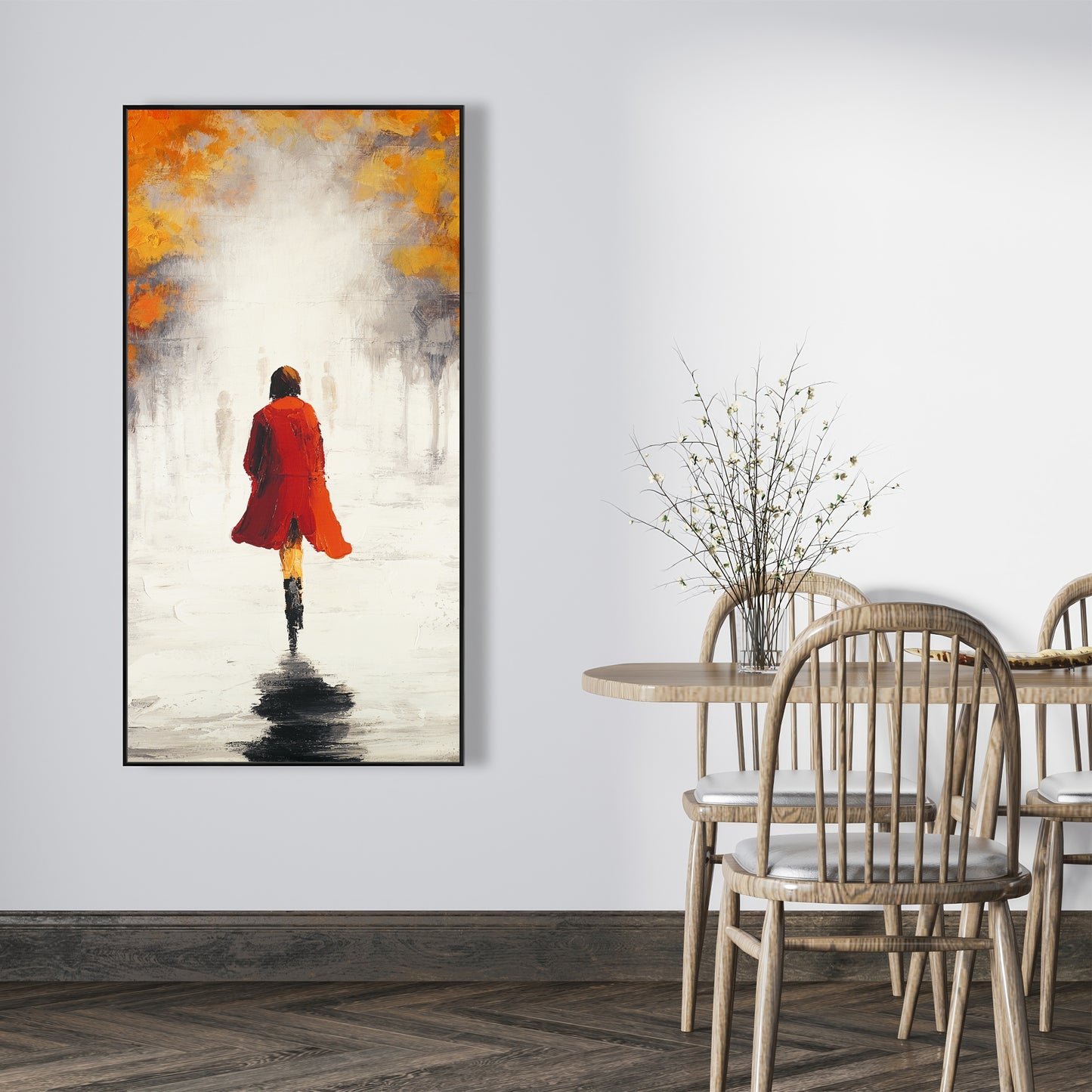 Toile Paysages gris et arbres | Décoration murale Femme en manteau rouge