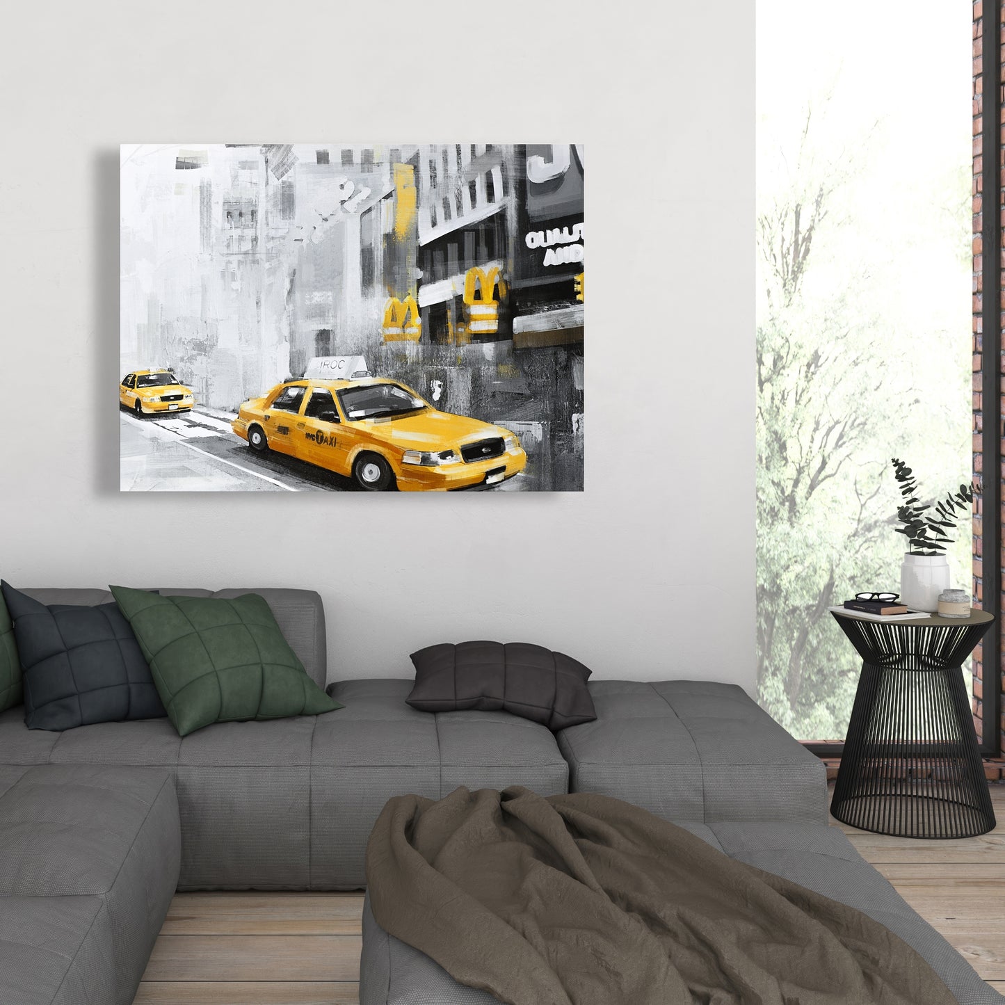 Toile de chambre à coucher Gray Building – Décor de New York avec taxis