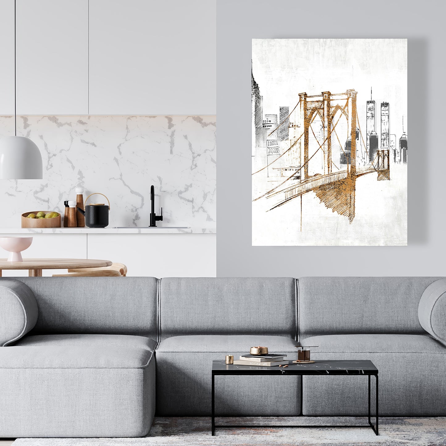 Toile de chambre à coucher avec croquis flous du pont de Brooklyn | Décoration d'intérieur