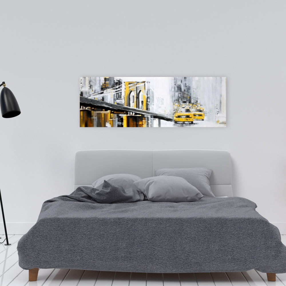 Toile Pont de Brooklyn jaune avec taxis - Décor gris industriel