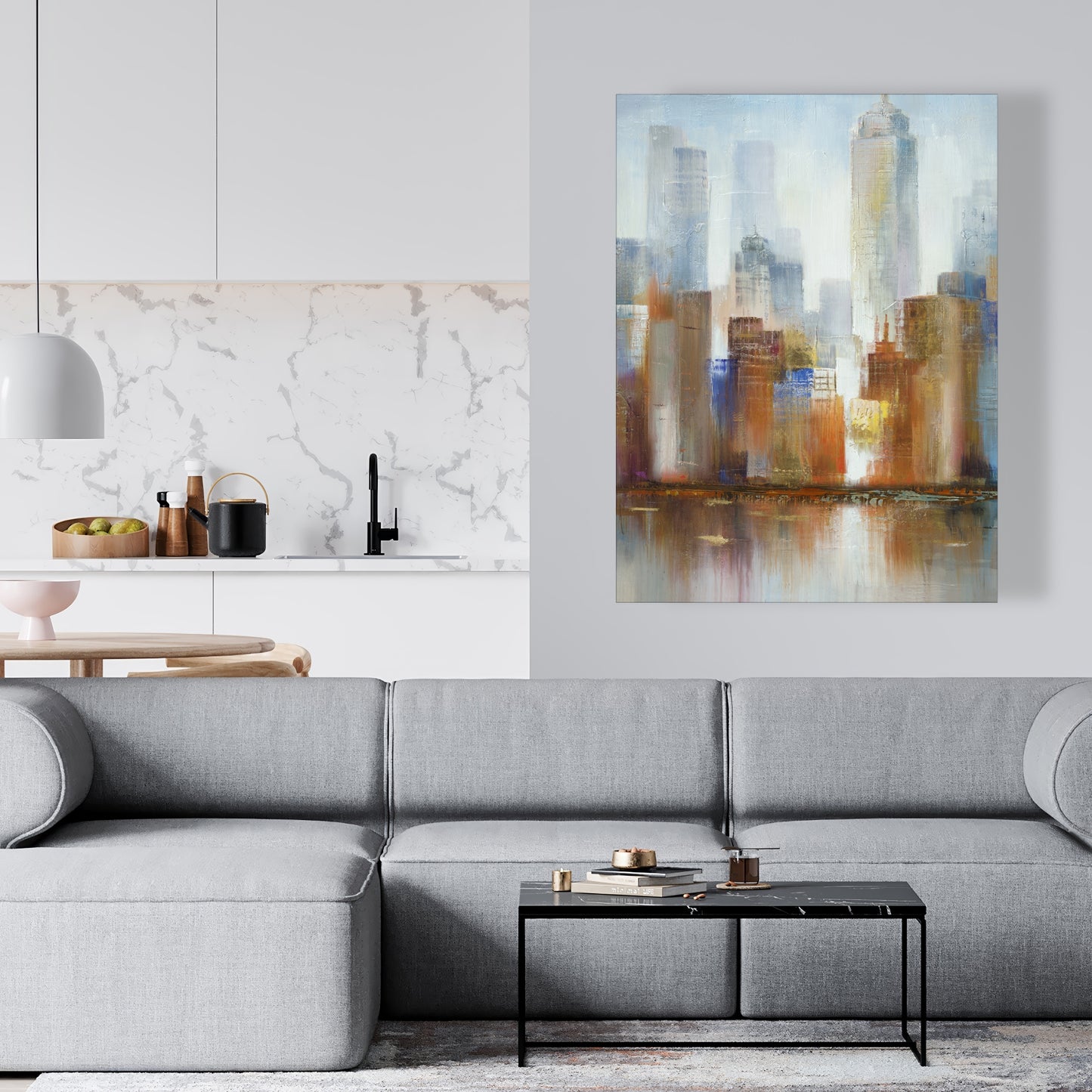 Paysage urbain dans le brouillard sur toile bleue | Décoration d'intérieur moderne