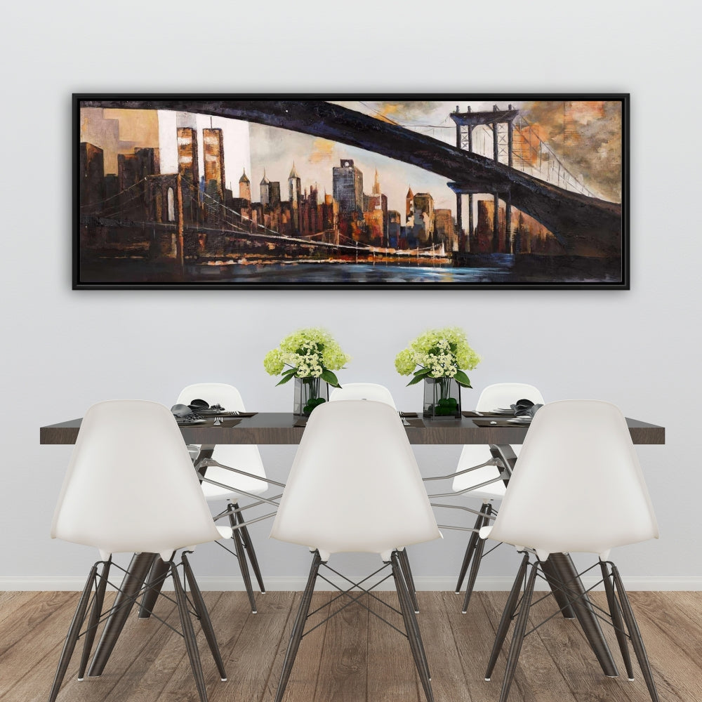 Toile « Coucher de soleil sur New York » | Cadre marron industriel